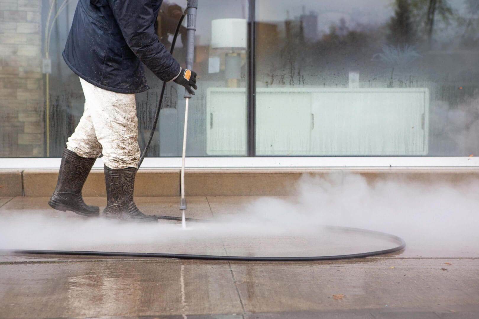 Person power washing a wet pavement surface.